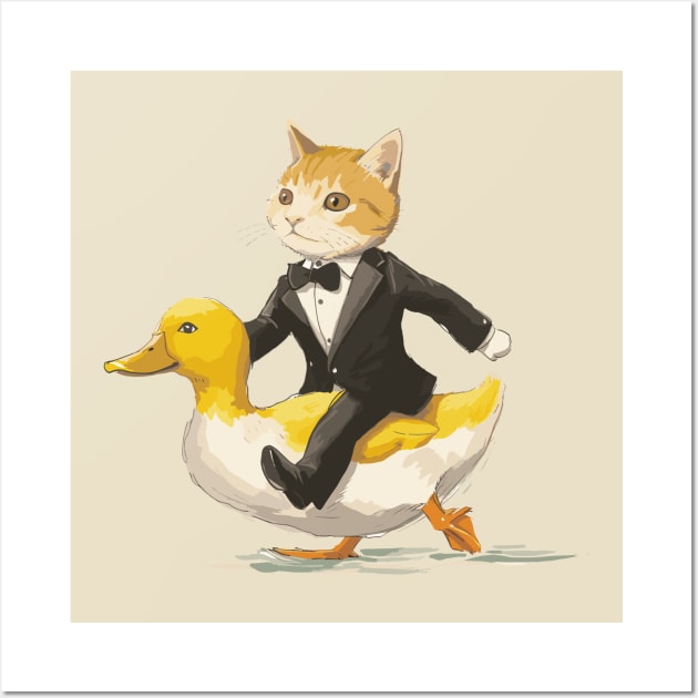 Funny Tuxedo Cat Riding Funny Duck Going To Party Wall Art by Salsa Graphics